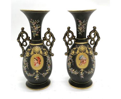 Pair of antique mantle vases with portrait cartouches to centres on a black ground  with gilded decoration- 28cm high ~ 1 has