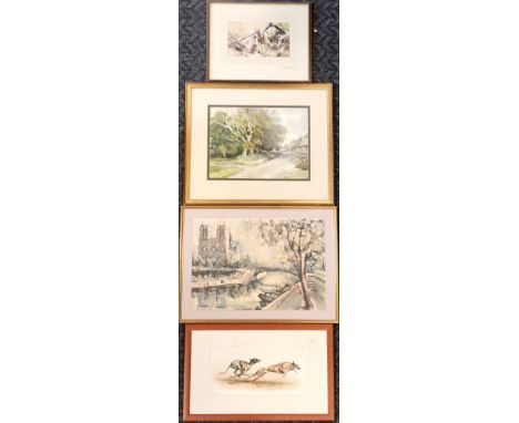David Shepherd cheetah print (faded) signed in pencil 41 cm x 34 cm, t/w signed &amp; framed watercolour by R Fleming, t/w Ca
