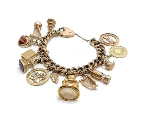 9ct gold charm bracelet (with hand chased decoration to the links) with charms inc 14ct gold map of Switzerland set with a ru