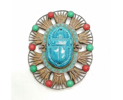 Large Egyptian revival type belt / sash buckle with pottery scarab panel to centre, enamel and bead detail &amp; thistle deco