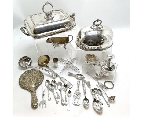 Quantity of silver plated items including meat dome, vegetable warming dish, Polish Norblin ladle (28cm), sauce boat, cream j