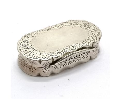 Victorian silver hallmarked snuff box Birmingham 1891 with profuse engraved decoration and vacant cartouche to top 6cm x 3.4c