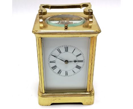 Antique brass carriage clock with bell strike mechanism and key - total height (inc handle) 18cm 