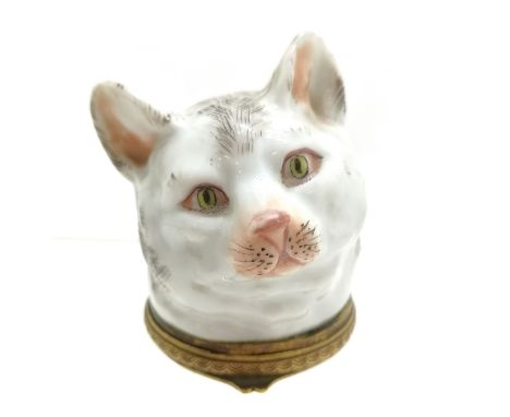 Antique Meissen cat head snuff box with gilt metal hinged lid - 5cm diameter x 6.8cm high ~ no obvious damage