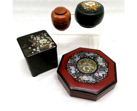 A Japanese Lacquered 3 tier chest  14cm square , t/w a lacquered sectional covered tray 25cm in diameter, t/w Russian Lidded 