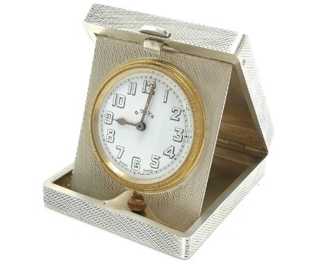 1925 silver engine turned Art Deco travel clock by William Base &amp; Sons with 8 day manual wind movement 7cm x 6cm x 1.5cm 