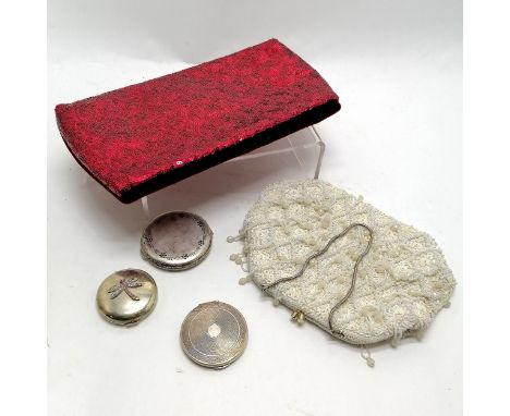 Kigu sterling silver compact (6cm diameter &amp; 70g total weight) t/w 2 compacts &amp; 2 beaded bags - SOLD ON BEHALF OF THE