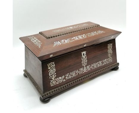 Antique rosewood &amp; mother of pearl tea caddy with original mixing bowl - 36.5cm x 20.5cm x 19cm high ~ some beading detac