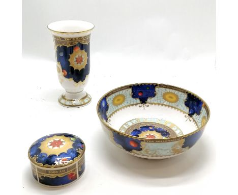 Royal Worcester Millenium vase 20cm high , bowl 23cm diameter and sample lidded pot all with no obvious damage 