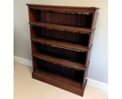 Antique oak shelf unit with scalloped leather shelf decoration and raised carved detailing to shelf edges - 178cm wide x 155c