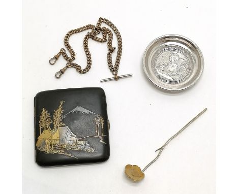 Japanese cigarette case, oriental spoon, engraved white metal dish (7cm) after Fragonard and a watch chain (46cm) 