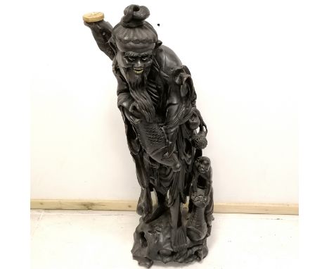 Antique hand carved large Oriental figure of a man holding a fish with his son - 94cm high ~ has losses and has signs of bein
