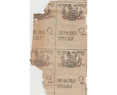 c.1779 scarce block of 4 x (2) horse duty : mileage ticket 'stamps' with part STAMP OFFICE watermark ~ From tudor times Inn k