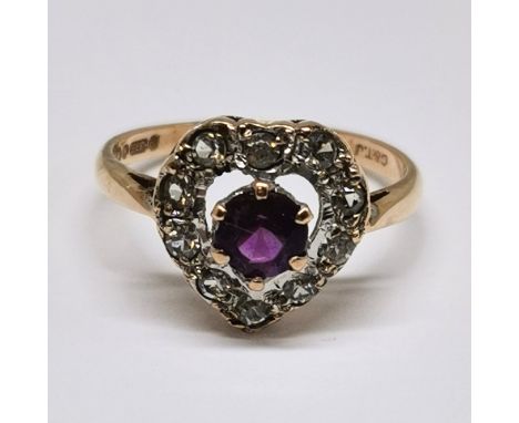 9ct hallmarked gold amethyst + white stone heart shaped cluster ring - size O½ &amp; 2.9g total weight 