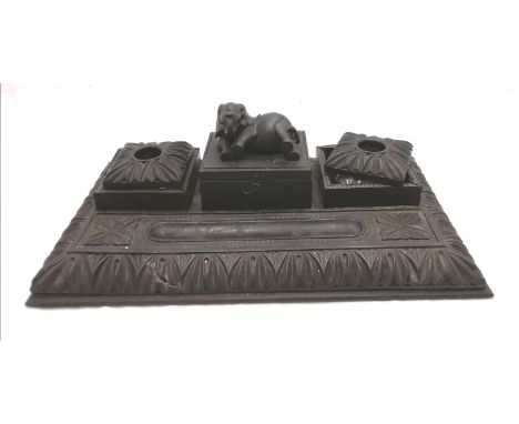 Antique carved ebony desk stand with original inkwells and covers and an elephant on the central lidded box ~ 38cm x 21cm &am