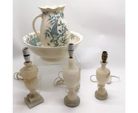 Antique Copeland jug (a/f) &amp; basin (38cm) t/w 3 x alabaster lamps (tallest 37cm) 