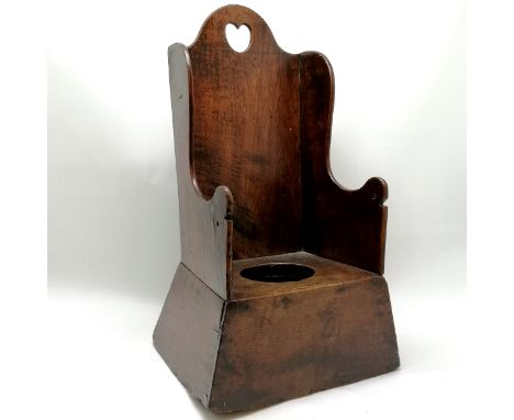 Early 18th century antique hand made oak unusual childs commode chair with heart cut-out to top - 64cm high x 34cm wide x 30c