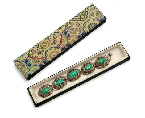 Chinese silver filigree panel bracelet set with cabochon malachite - 18cm long &amp; 47g total weight (1 filigree panel missi