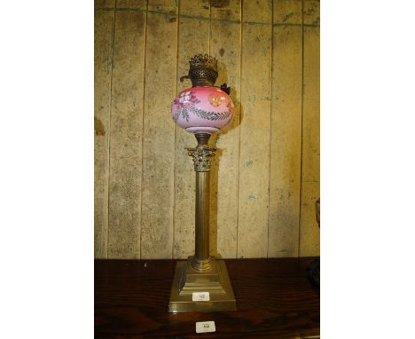 Brass Column Lamp with Pink Flowered Oil Well