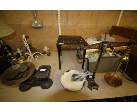 2 sets of weighing scales and Victorian fire stool