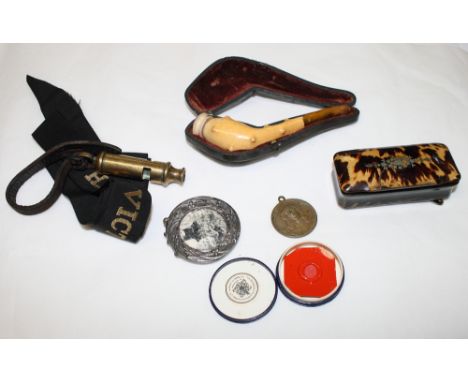 A papier-mache and tortoiseshell snuff box, a cased meerschaum pipe, a military issue brass whistle and other decorative item