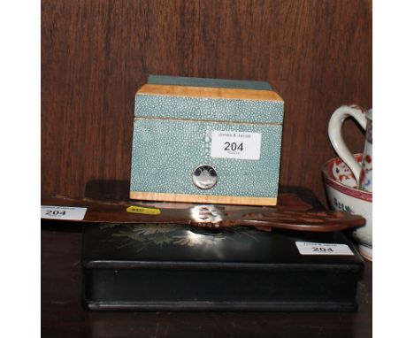 A shagreen playing card box, a souvenir from Sorrento wooden letter opener and an oriental shallow black lacquer square box d