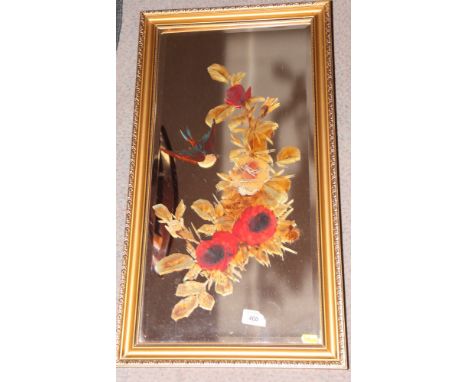 A rectangular bevelled plate gilt framed mirror painted flowers and bird, an oval portrait print of a lady and three modern o