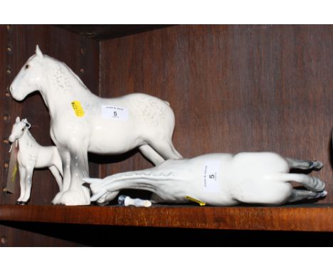 A Beswick china model of a dapple grey shire horse and a similar figure of a mare and foal (mare restored)