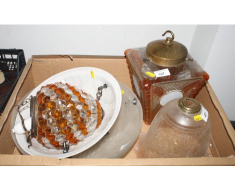 A shallow frosted glass plafonnier by Vianne, moulded grapes, and four other light fittings