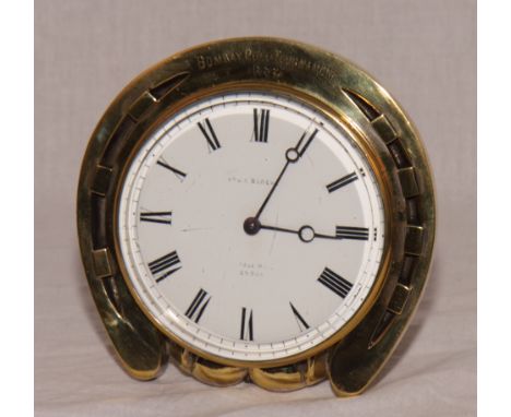 Polo interest: a 19th Century brass cased presentation barrel clock with white enamel dial and horseshoe surround engraved Bo