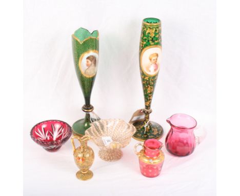 A late Victorian green and gilt decorated glass vase, the tulip-shaped bowl decorated oval white glass portrait medallion of 