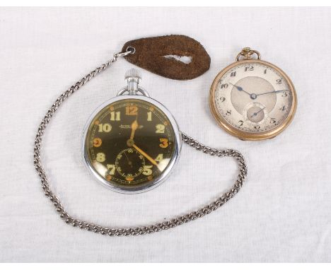 A Jaeger le Coultre chrome cased military issue pocket watch with black enamel dial and subsidiary seconds dial and a 1930s g