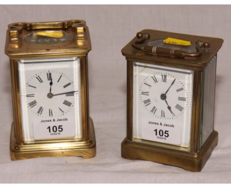 Two brass cased carriage clocks with white enamel dials