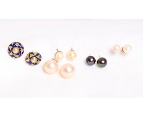 A pair of gold, pearl and blue enamel earrings and four other pairs of pearl earrings, various
