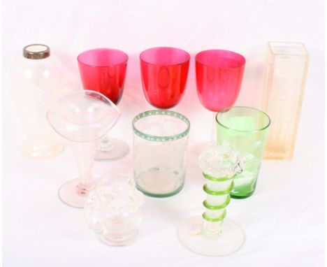 Three wine glasses with ruby bowls and a collection of assorted coloured glass, etc