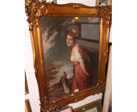 Reynolds: a coloured print, portrait of a lady and her dog, 24" x 20", in swept gilt frame