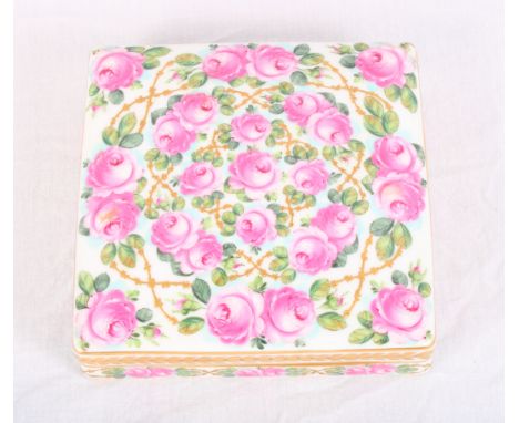 A Frankenthal porcelain trinket box with rose decoration, 5 1/4" square