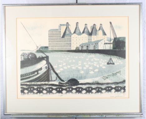 David Gentleman: a lithograph, "Mistley Mill Suffolk", 13" x 18", in silvered frame