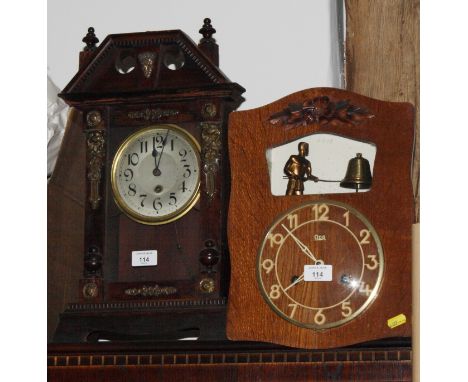 A late 19th Century mantel clock in glazed stained pine case decorated gilt metal mounts and an Odo wall clock with glazed wi