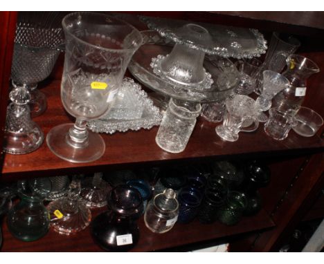 An engraved glass celery vase, two glass tazze, candlesticks, fairy light holders and other items of glass ware