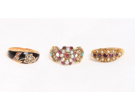 A Victorian gold, seed pearl, ruby and turquoise dress ring, a similar 15ct gold, seed pearl and ruby dress ring and a 15ct g