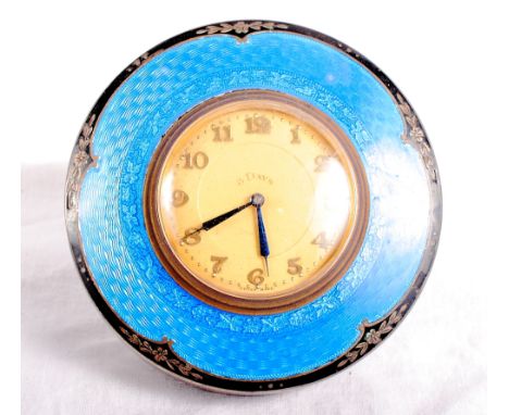 An eight-day bedroom clock in circular silver and blue guilloche enamel case, 3 1/2" dia
