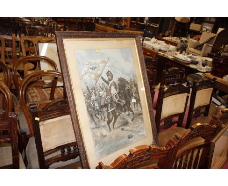 A coloured print of The Charge of The Light Brigade, in carved frame 