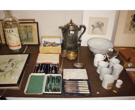 A large lidded plated water jug, various plated cutlery including ladle, basting spoon etc