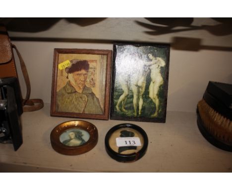 A miniature silhouette study AF and three Old Master style miniature prints