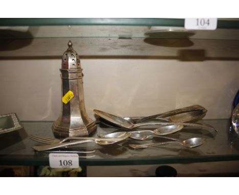 Three Georgian silver Old English pattern spoons, various silver and white metal teaspoons, silver fork and spoon and a silve