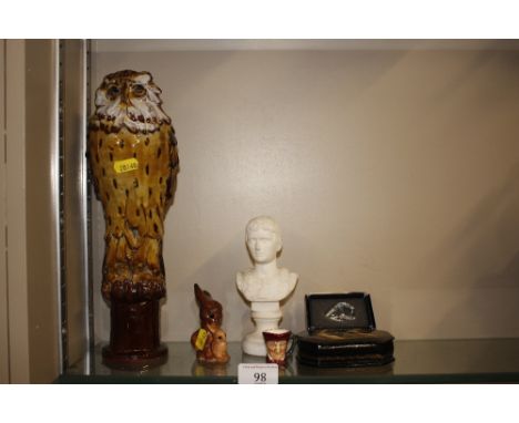 A pottery model of an owl, miniature character jug, papier mache trinket box, crystal ornament etc