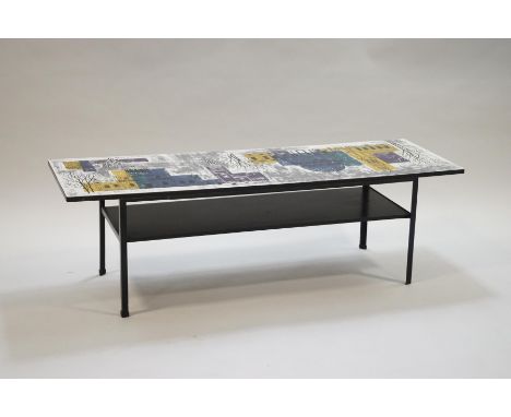 A 1960's coffee table, the formica top printed in John Piper 'London Skyline' pattern, 35cm high x 114.5cm x 38cm