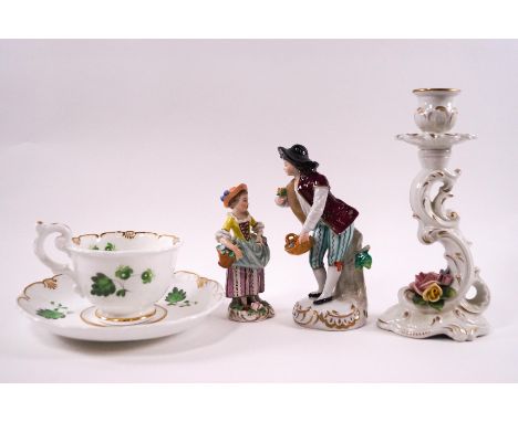 A Davenport porcelain cup and saucer, circa 1830, a 20th century Sitzendorf porcelain figure of a Gallant, 14cm high, a small