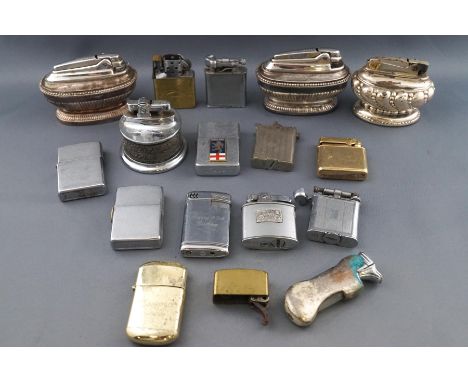 A collection of lighters, including three silver plated Ronson table lighters, a Rolstar table lighter and thirteen other lig